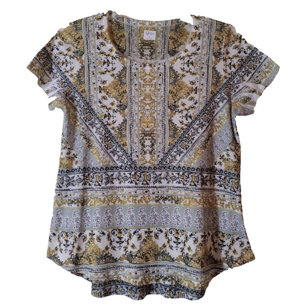 Style&Co. Shirt Women's XL Beige/Black Paisley Studded Boho Short Sleeve